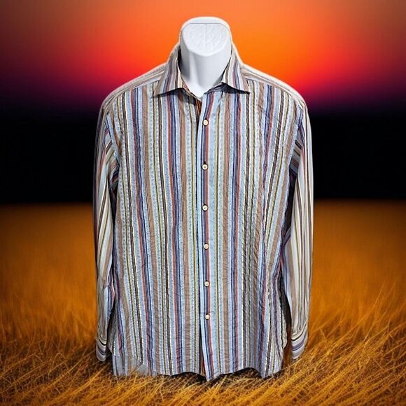 Robert Graham Striped Mens Shirt Sz L Embroidered Paisley Flip Cuff Long Sleeve - Picture 1 of 16